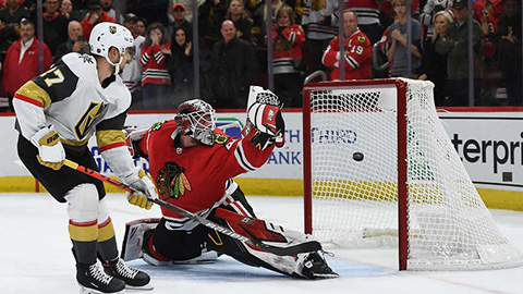 Robin Lehner inkasuje při rozhodujícím nájezdu (© Stacy Revere/Getty Images)